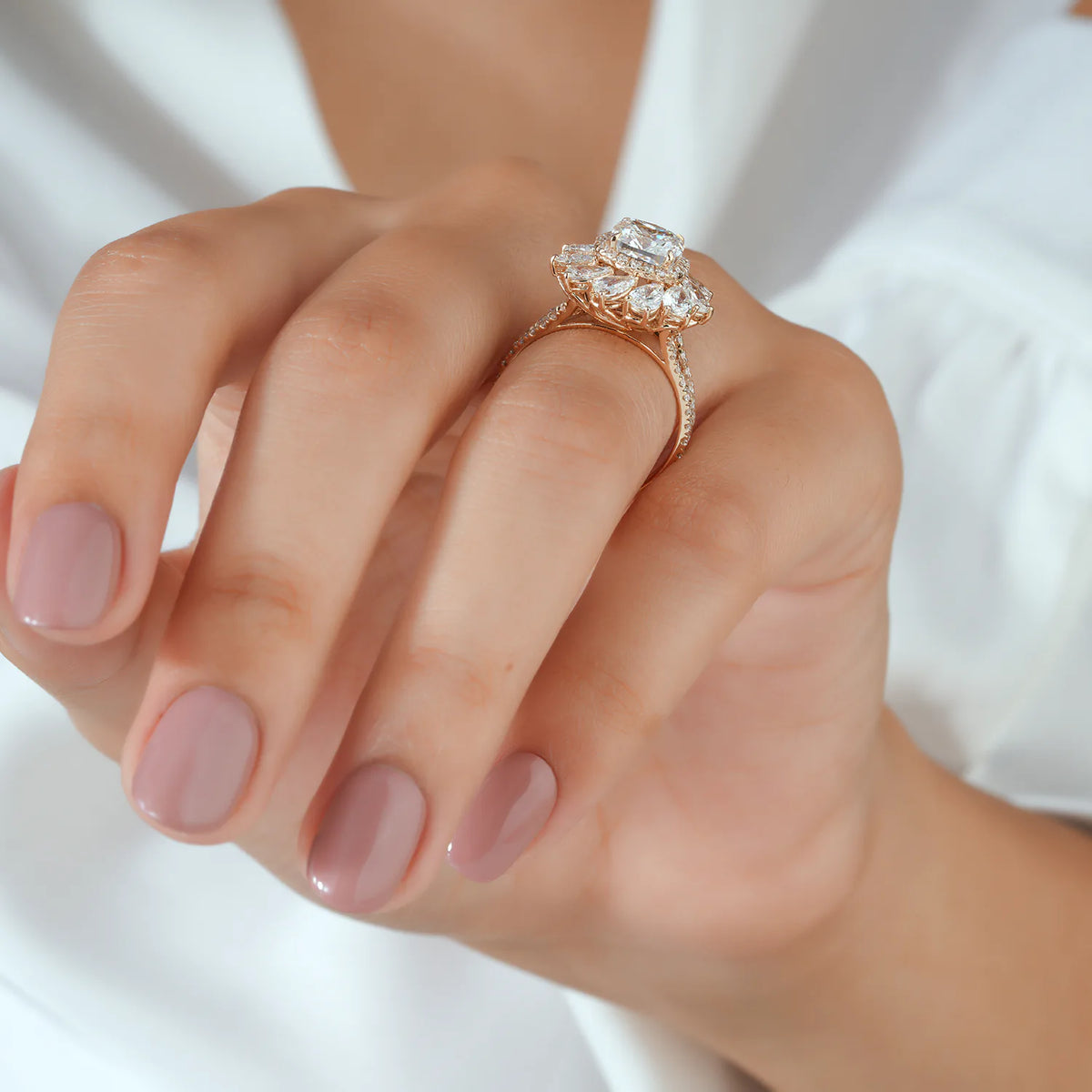 Cushion Cut Lab Grown Diamond Double Halo Flower Engagement Ring with Pear Shaped Petals and Split Shank Pave Band in Gold or Platinum