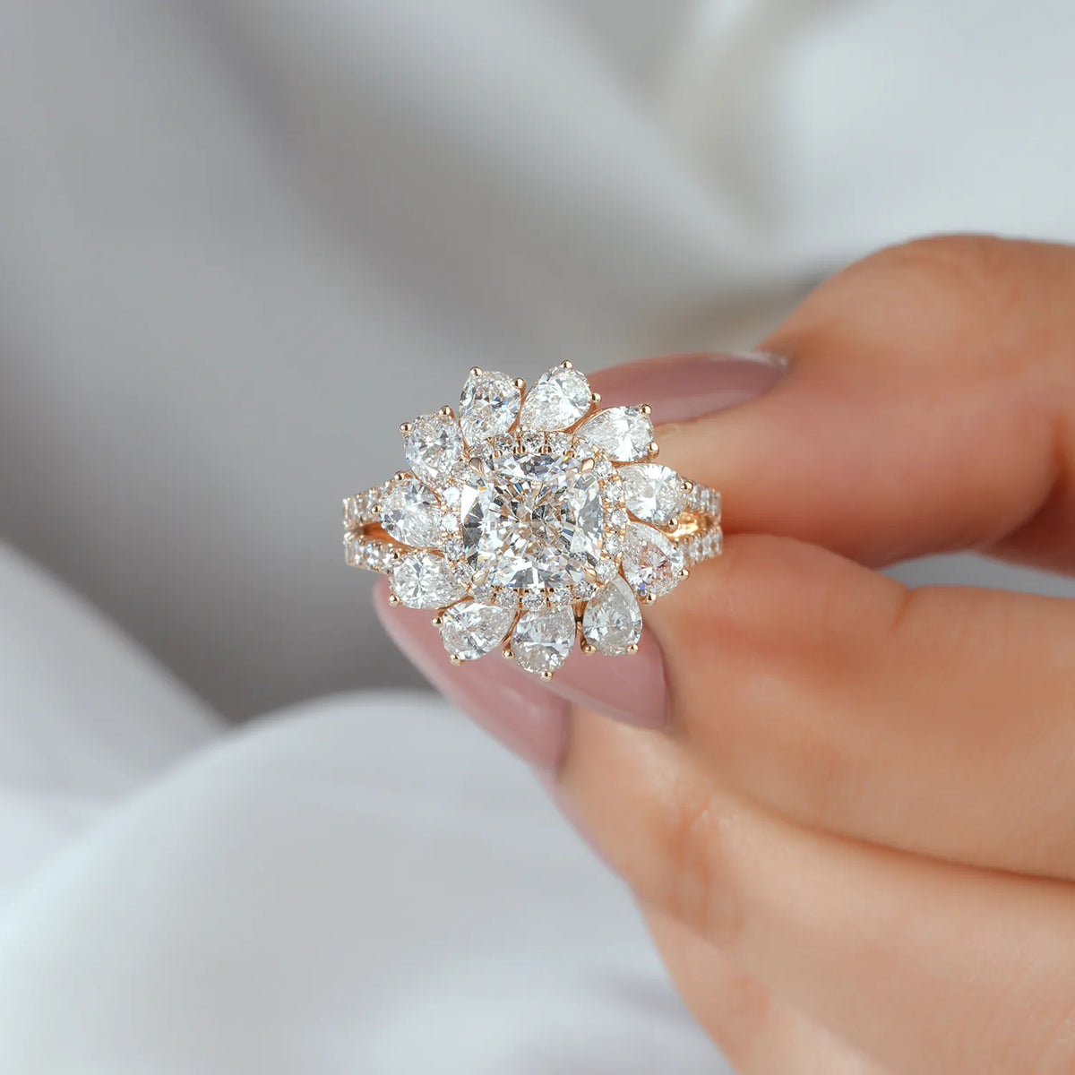 Cushion Cut Lab Grown Diamond Double Halo Flower Engagement Ring with Pear Shaped Petals and Split Shank Pave Band in Gold or Platinum
