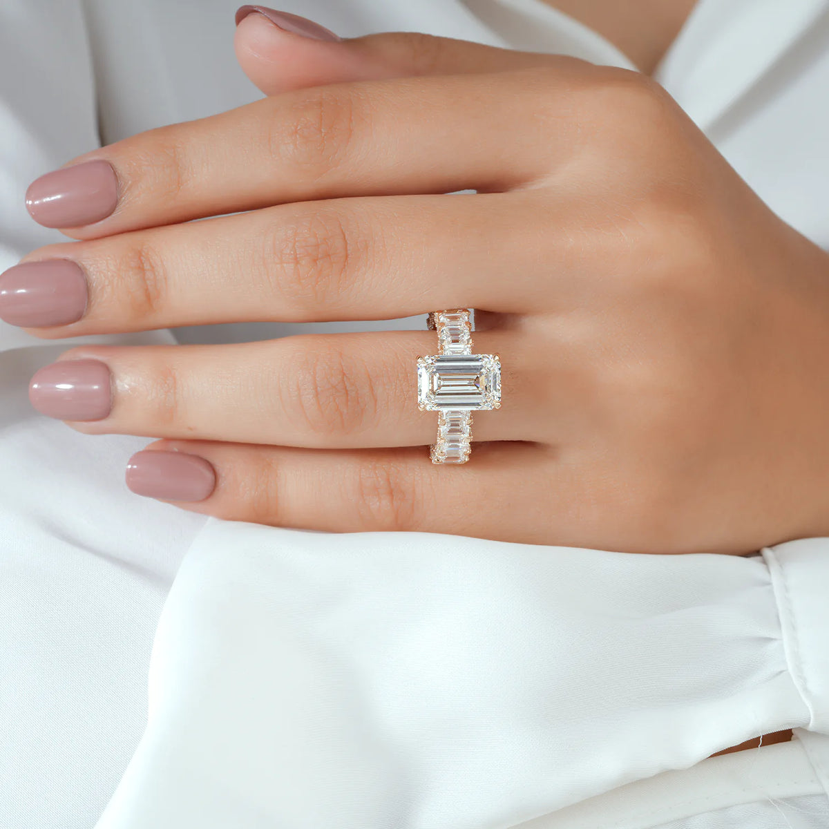 Emerald Cut Bridal Set with Hidden Halo and Two Row Band