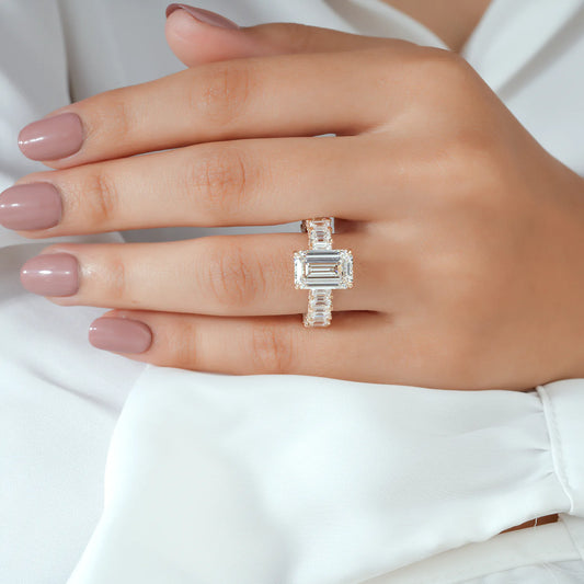 Emerald Cut Bridal Set with Hidden Halo and Two Row Band