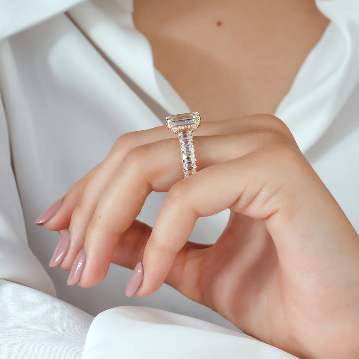 Emerald Cut Bridal Set with Hidden Halo and Two Row Band