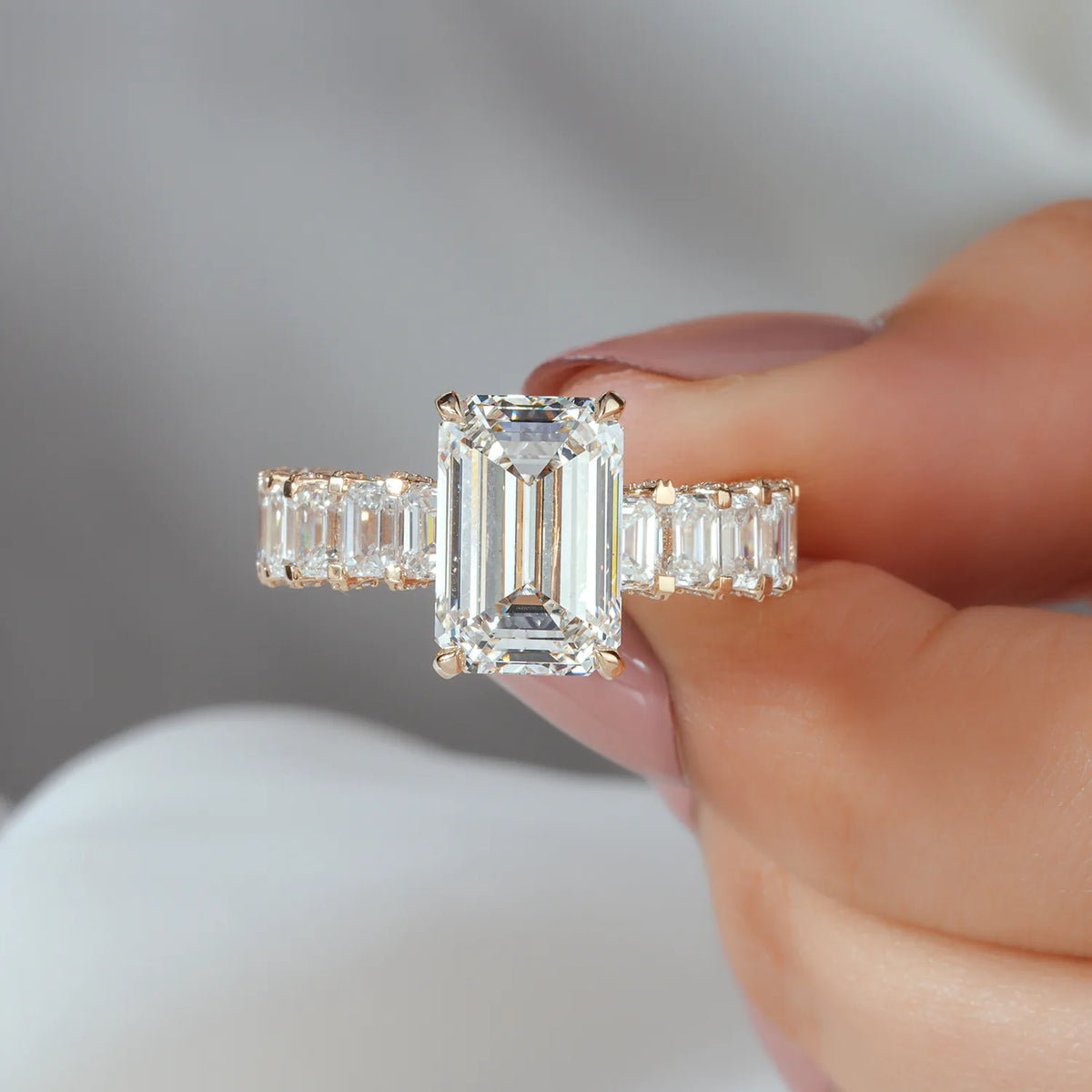Emerald Cut Bridal Set with Hidden Halo and Two Row Band