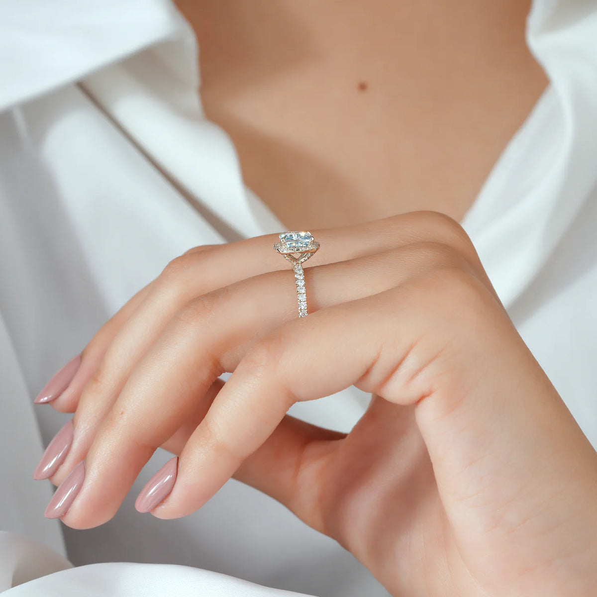 Cushion Cut Lab Grown Diamond Halo Bridal Set with Pave Engagement Ring and Matching Wedding Band in Gold or Platinum