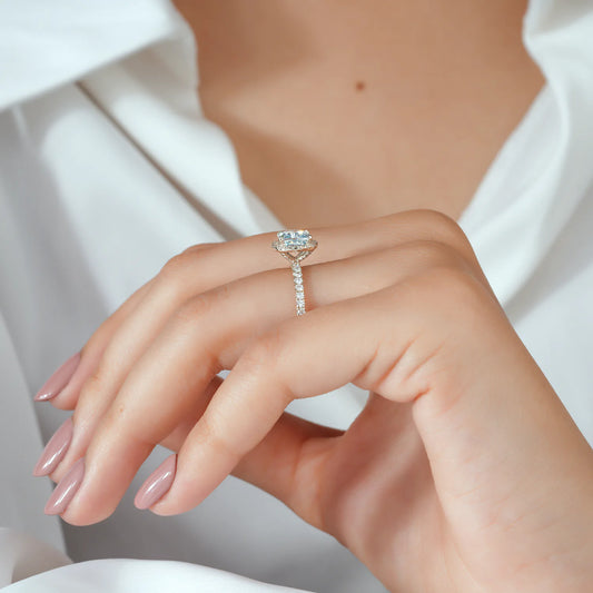 Cushion Cut Lab Grown Diamond Halo Bridal Set with Pave Engagement Ring and Matching Wedding Band in Gold or Platinum