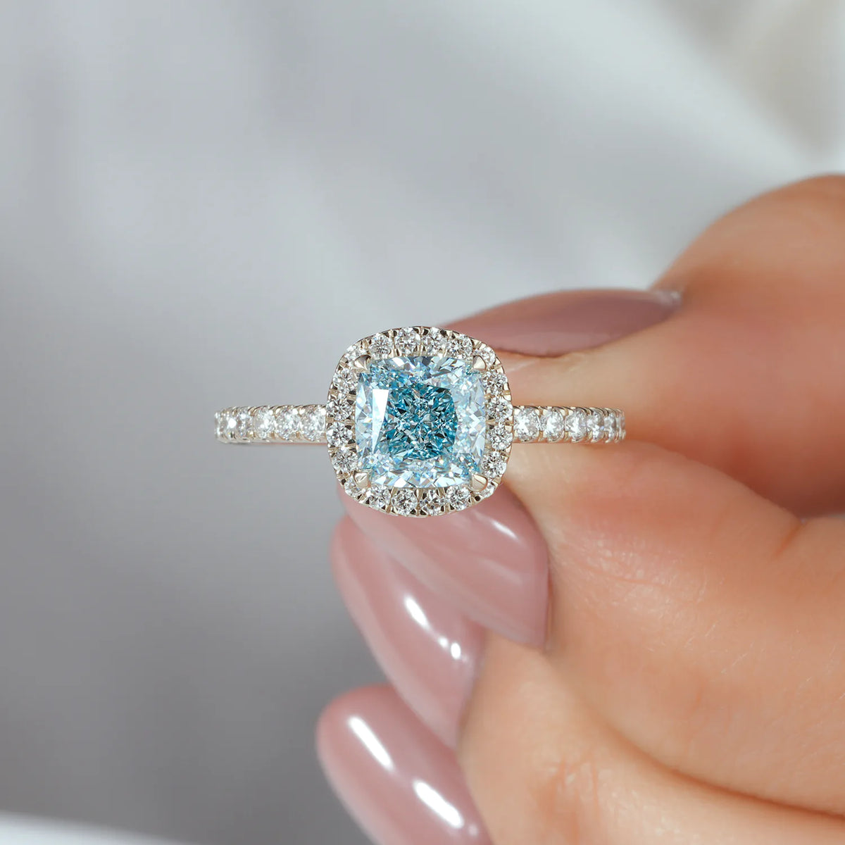 Cushion Cut Lab Grown Diamond Halo Bridal Set with Pave Engagement Ring and Matching Wedding Band in Gold or Platinum