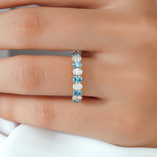 Alternating Blue and White Oval Cut Lab Grown Diamond Band