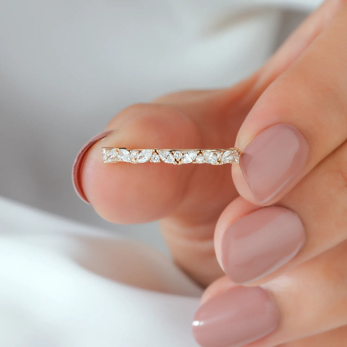 Vine-Inspired Marquise and Round Lab Grown Diamond Half Eternity Band in Gold or Platinum