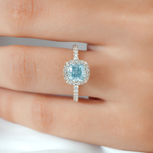 Cushion Cut Lab Grown Diamond Halo Bridal Set with Pave Engagement Ring and Matching Wedding Band in Gold or Platinum