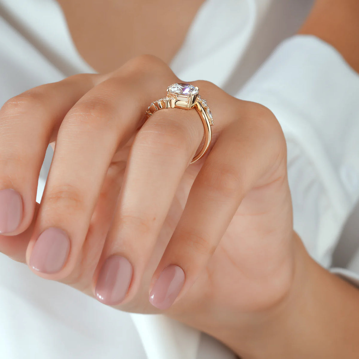 Round Lab Grown Diamond Four Prong Bypass Engagement Ring with Marquise and Round Cluster Side Diamonds in Gold or Platinum