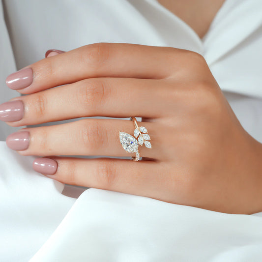 Pear and Marquise Cut Lab Grown Diamond Bypass Engagement Ring in Yellow Gold