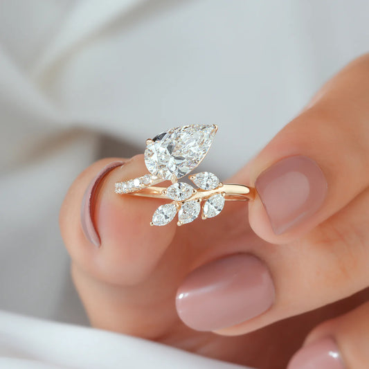 Pear and Marquise Cut Lab Grown Diamond Bypass Engagement Ring in Yellow Gold