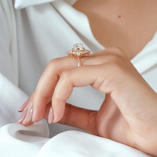 Cushion Cut Lab Grown Diamond Halo Engagement Ring with Pear Shaped Diamond Petals and Round Accents in Gold or Platinum