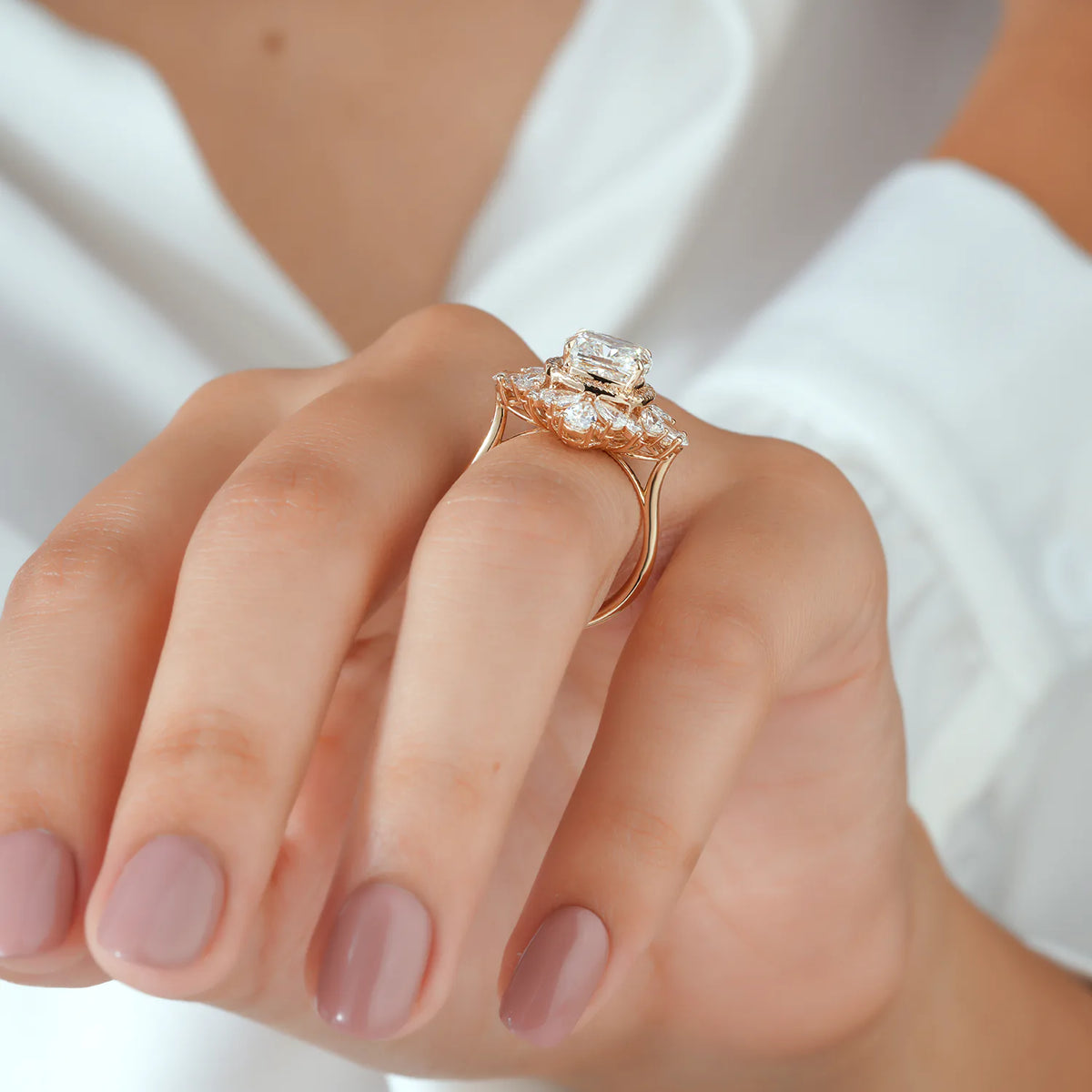 Cushion Cut Lab Grown Diamond Halo Engagement Ring with Pear Shaped Diamond Petals and Round Accents in Gold or Platinum