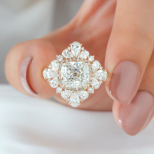 Cushion Cut Lab Grown Diamond Halo Engagement Ring with Pear Shaped Diamond Petals and Round Accents in Gold or Platinum