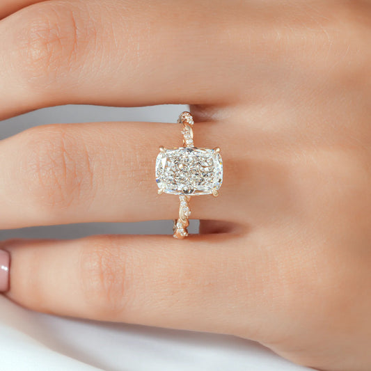 Elongated Cushion Cut Lab Grown Diamond Four Prong Twisted Rope Band Engagement Ring with Diamond Accents in Gold or Platinum