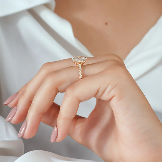 Elongated Cushion Cut Lab Grown Diamond Four Prong Twisted Rope Band Engagement Ring with Diamond Accents in Gold or Platinum