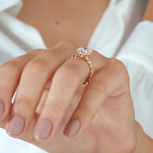 Elongated Cushion Cut Lab Grown Diamond Four Prong Twisted Rope Band Engagement Ring with Diamond Accents in Gold or Platinum