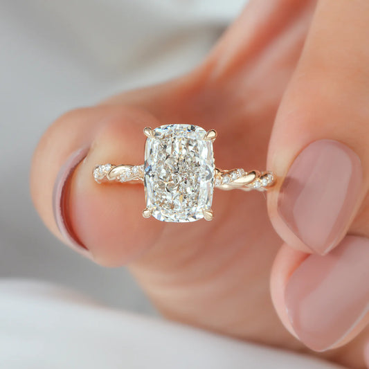 Elongated Cushion Cut Lab Grown Diamond Four Prong Twisted Rope Band Engagement Ring with Diamond Accents in Gold or Platinum