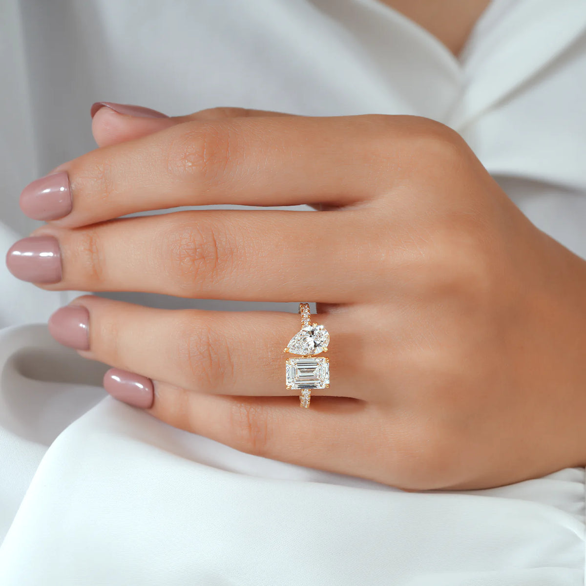 Emerald and Pear Diamond Toi et Moi Ring with Pave Ring
