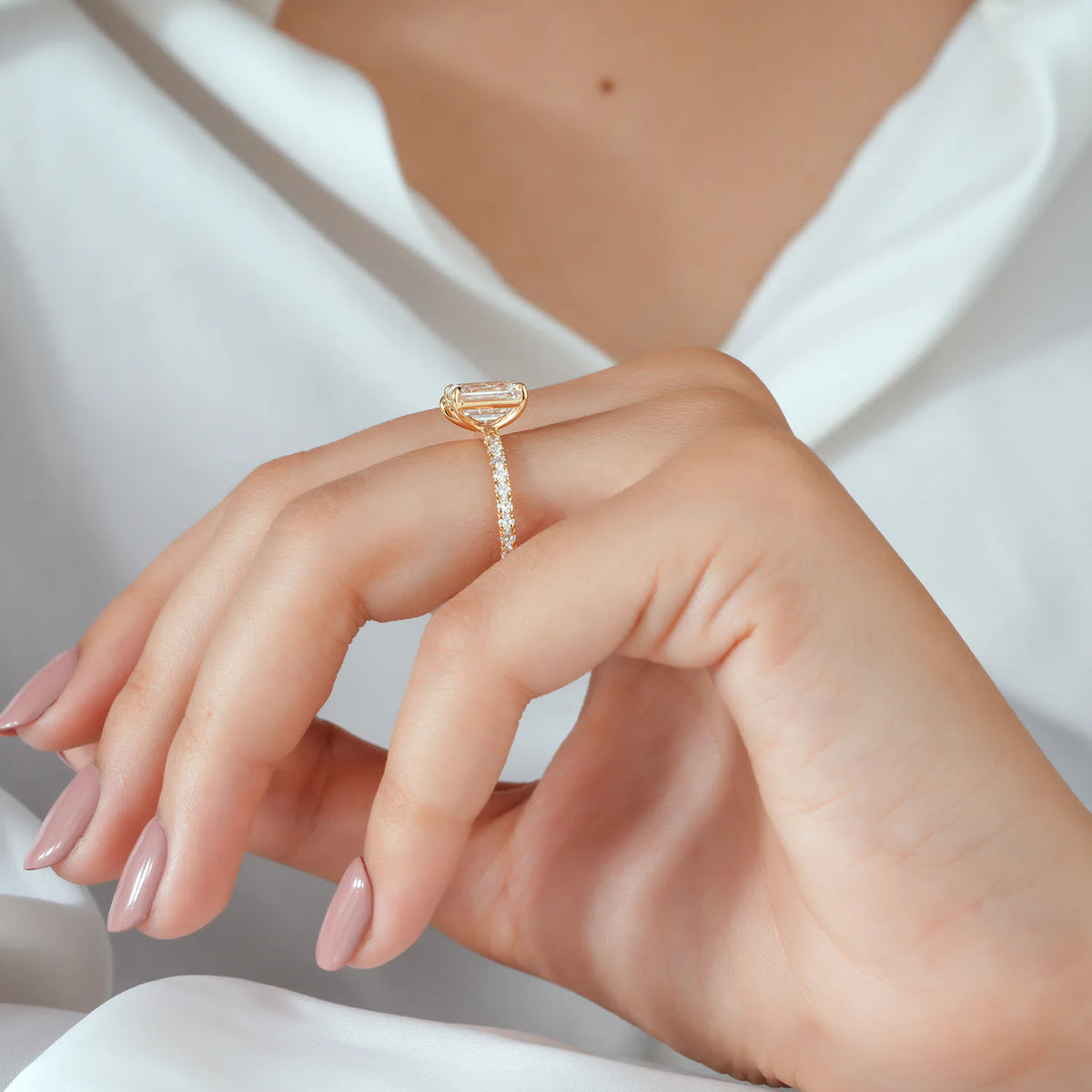 Emerald and Pear Diamond Toi et Moi Ring with Pave Ring