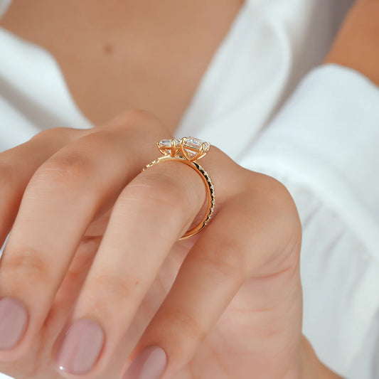 Emerald and Pear Diamond Toi et Moi Ring with Pave Ring