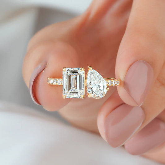 Emerald and Pear Diamond Toi et Moi Ring with Pave Ring