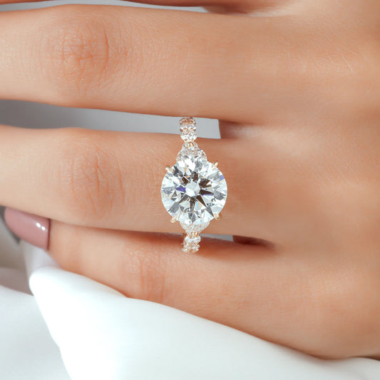 Round Cut Three Stone Lab Grown Diamond Ring with Eternity Pave Ring