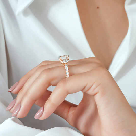 Round Cut Three Stone Lab Grown Diamond Ring with Eternity Pave Ring