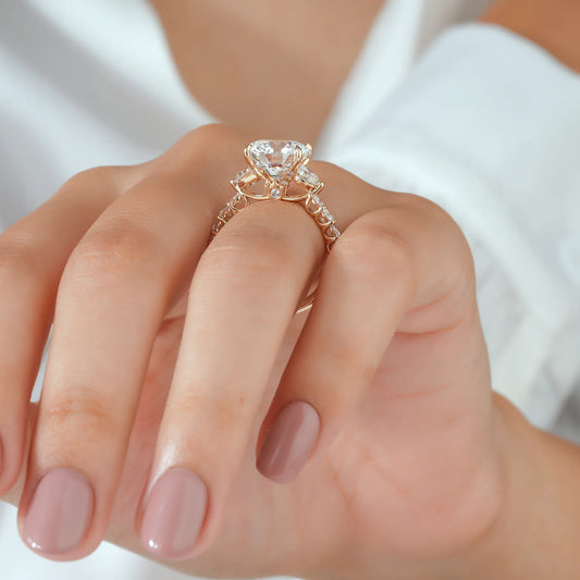 Round Cut Three Stone Lab Grown Diamond Ring with Eternity Pave Ring