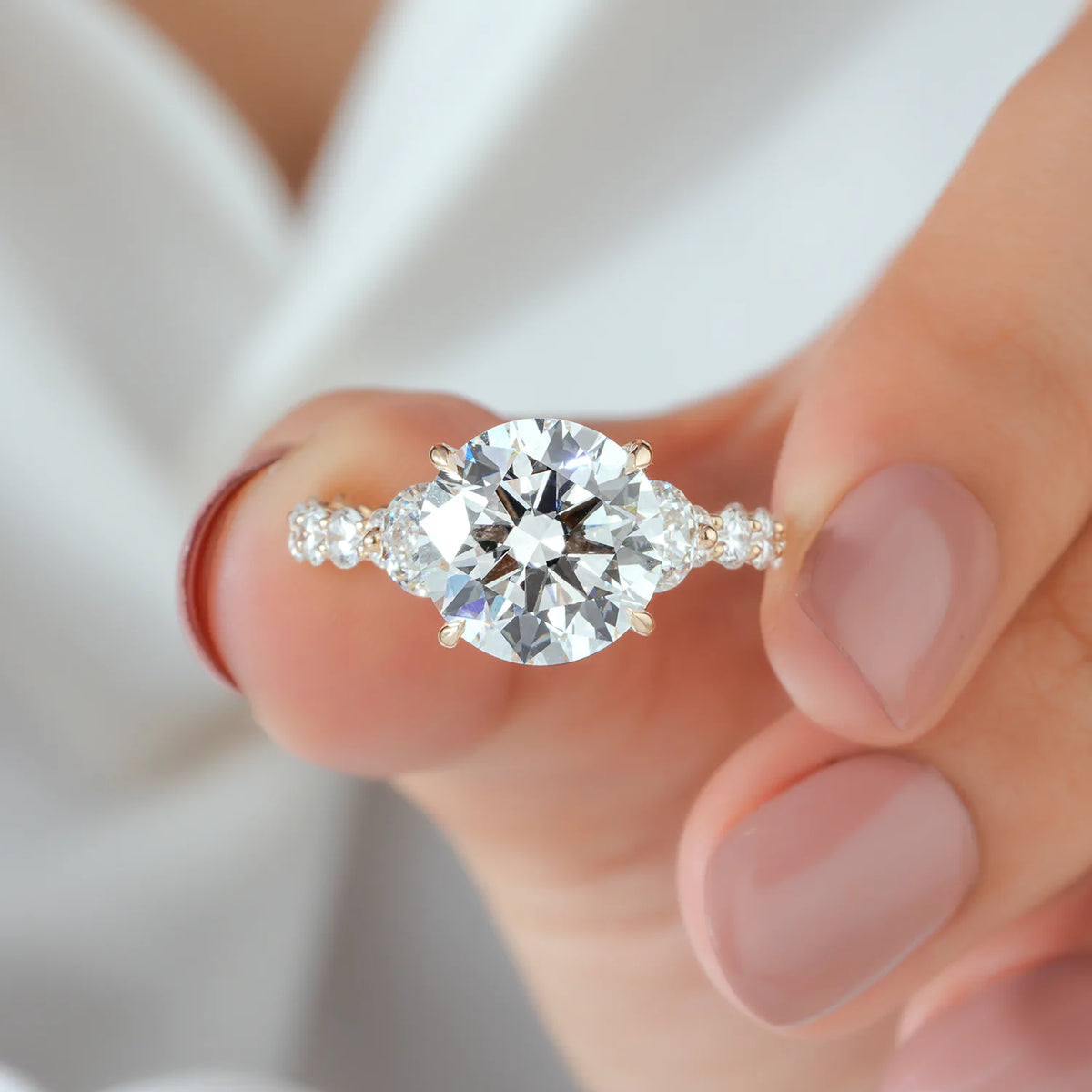 Round Cut Three Stone Lab Grown Diamond Ring with Eternity Pave Ring