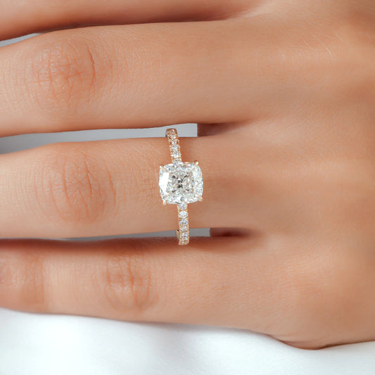 Cushion Cut Lab Grown Diamond Four Prong Pavé Bridal Set with Matching Wedding Band in Gold or Platinum
