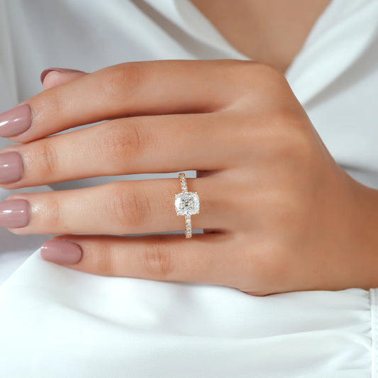 Cushion Cut Lab Grown Diamond Four Prong Pavé Bridal Set with Matching Wedding Band in Gold or Platinum
