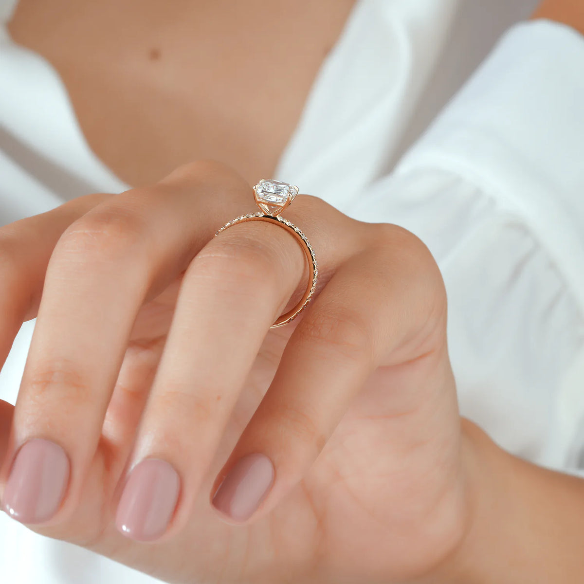 Cushion Cut Lab Grown Diamond Four Prong Pavé Bridal Set with Matching Wedding Band in Gold or Platinum