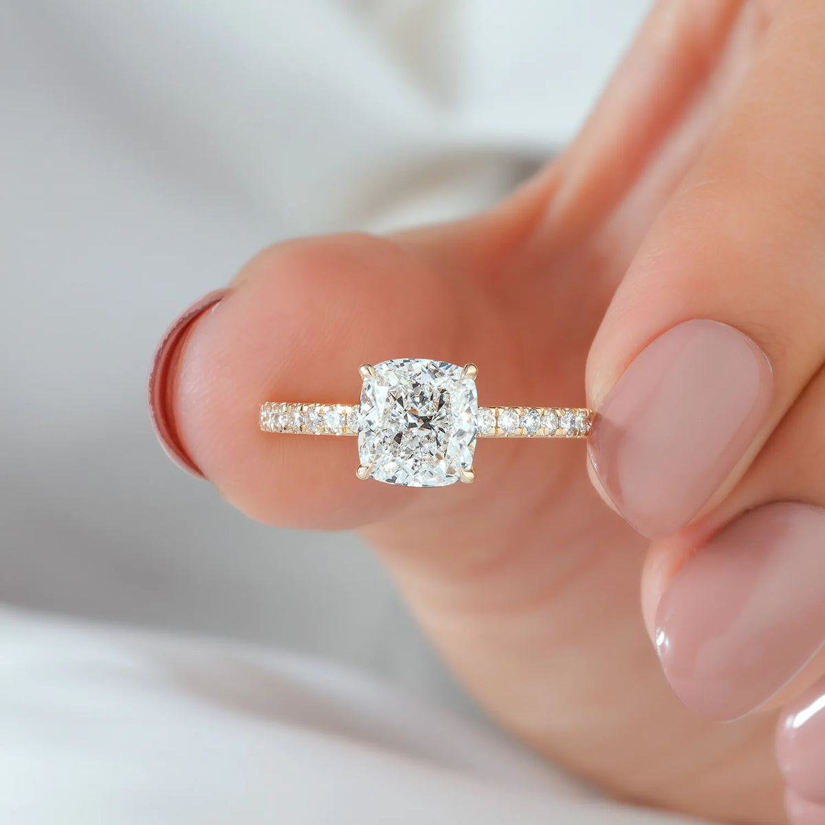 Cushion Cut Lab Grown Diamond Four Prong Pavé Bridal Set with Matching Wedding Band in Gold or Platinum