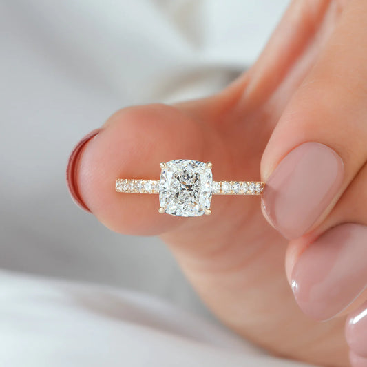 Cushion Cut Lab Grown Diamond Four Prong Pavé Bridal Set with Matching Wedding Band in Gold or Platinum
