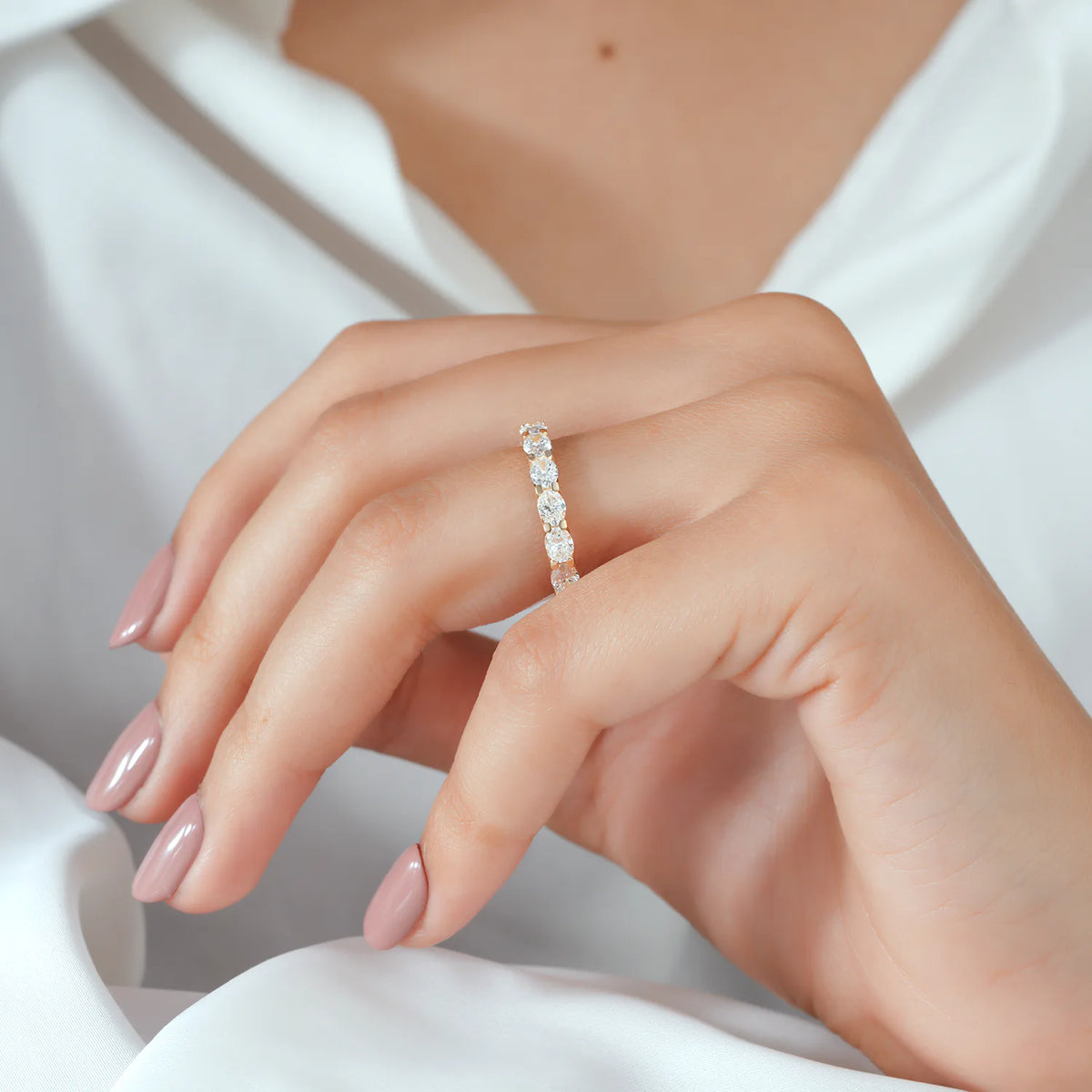 East-West Oval Lab Grown Diamond Half Eternity Wedding Band