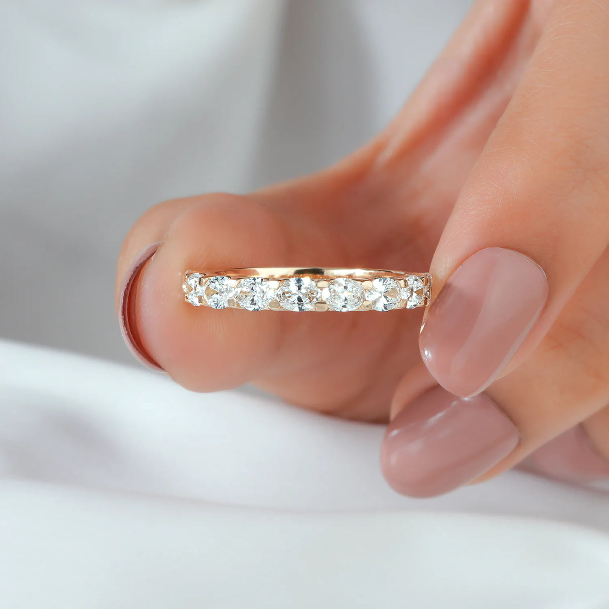 East-West Oval Lab Grown Diamond Half Eternity Wedding Band