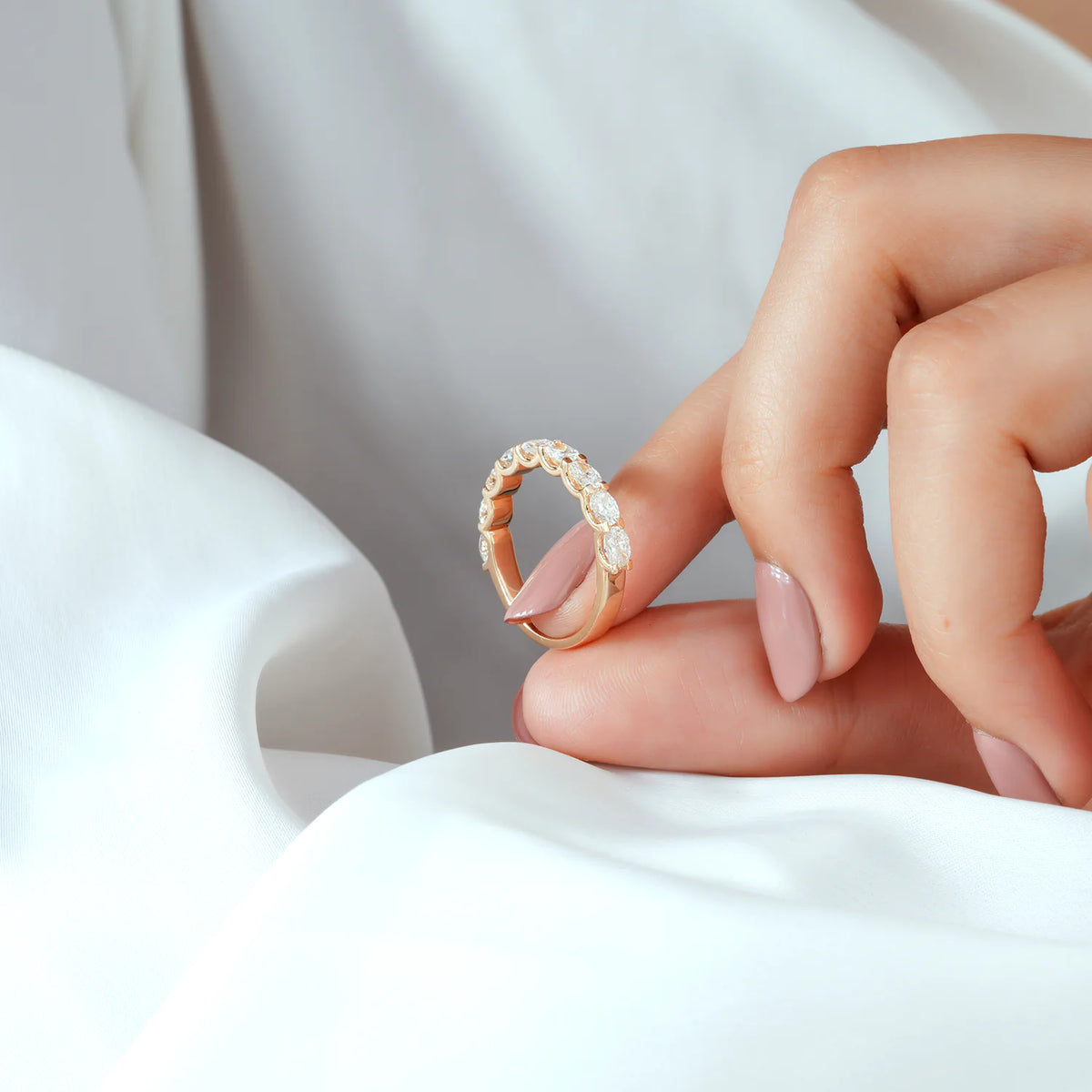 East-West Oval Lab Grown Diamond Half Eternity Wedding Band