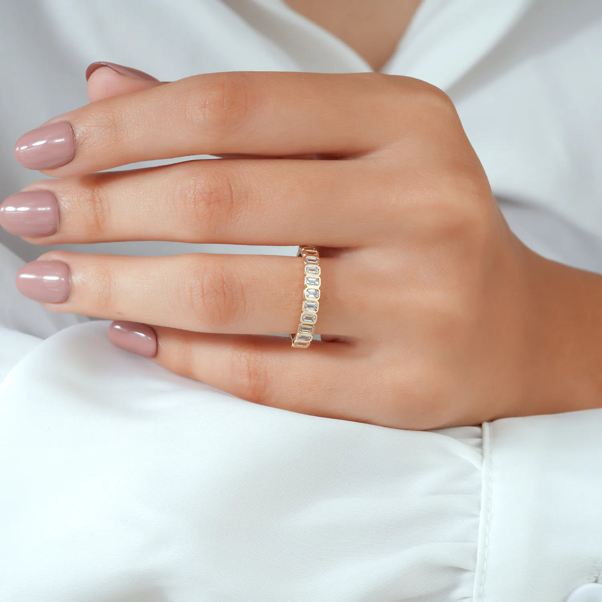 Emerald Cut Bezel Set Lab Grown Diamond Band