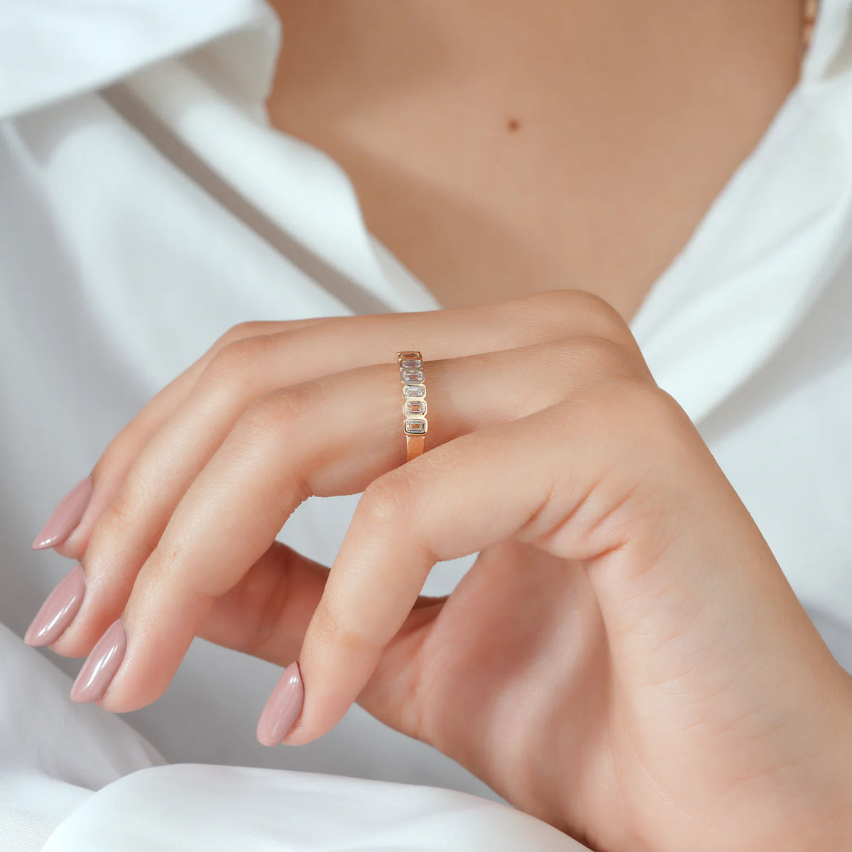 Emerald Cut Bezel Set Lab Grown Diamond Band