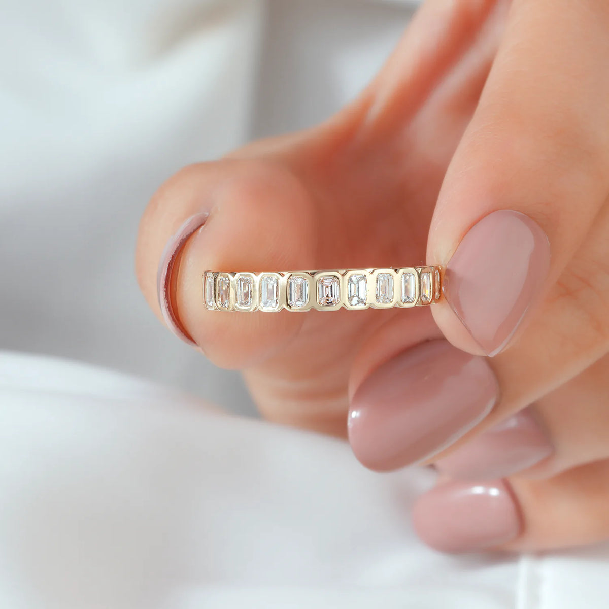 Emerald Cut Bezel Set Lab Grown Diamond Band