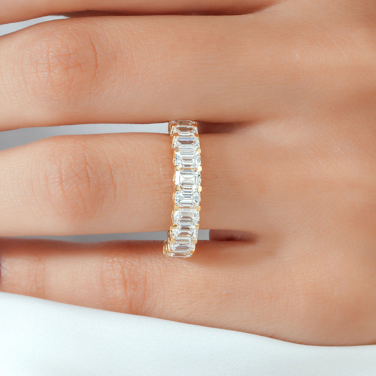 Vertical Emerald Cut Lab Grown Diamond Shared Prong Half-Eternity Band