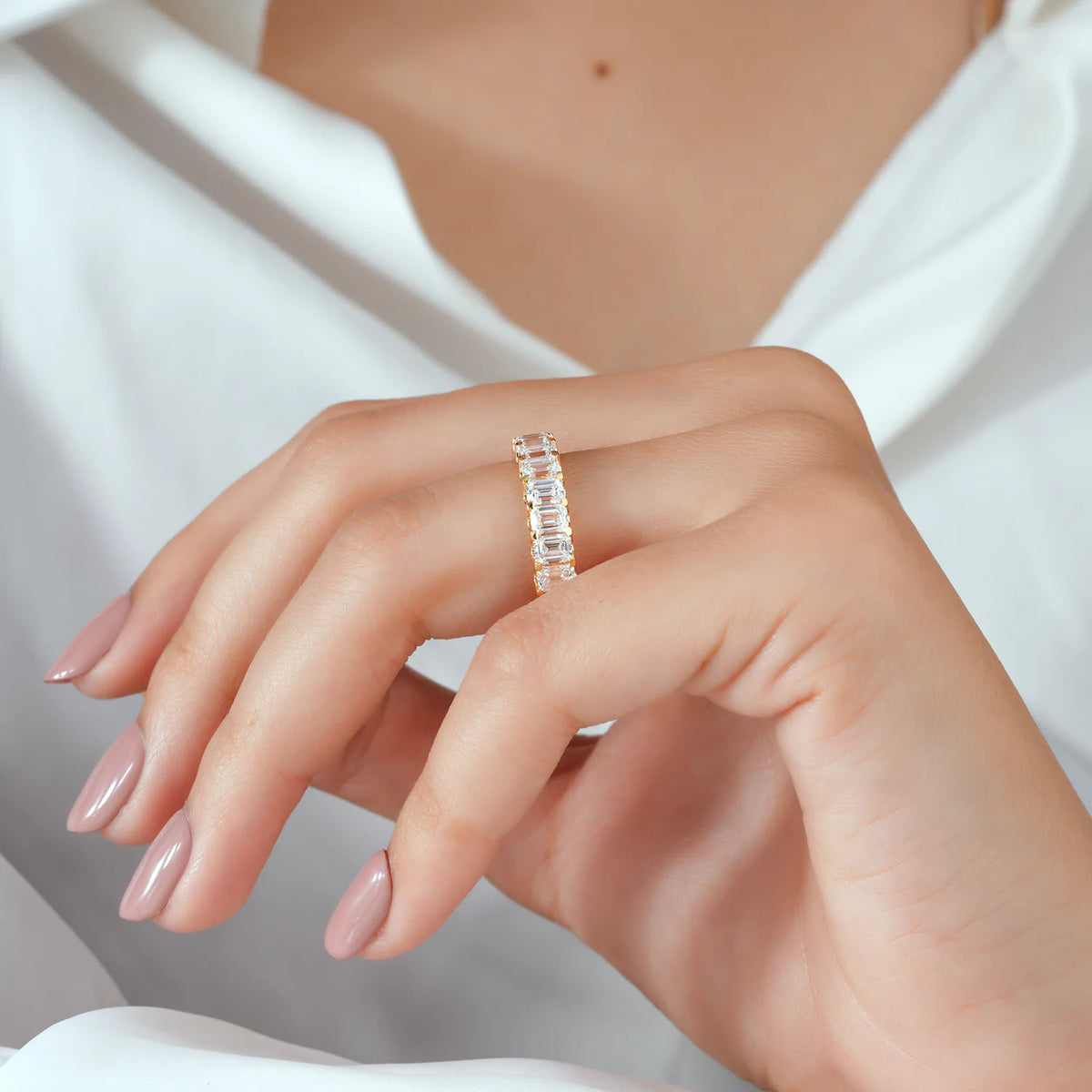 Vertical Emerald Cut Lab Grown Diamond Shared Prong Half-Eternity Band