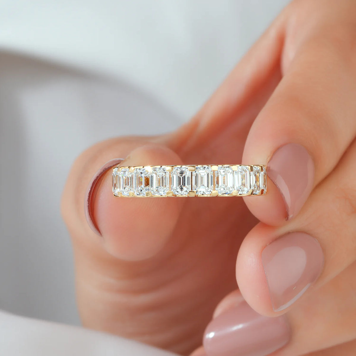 Vertical Emerald Cut Lab Grown Diamond Shared Prong Half-Eternity Band