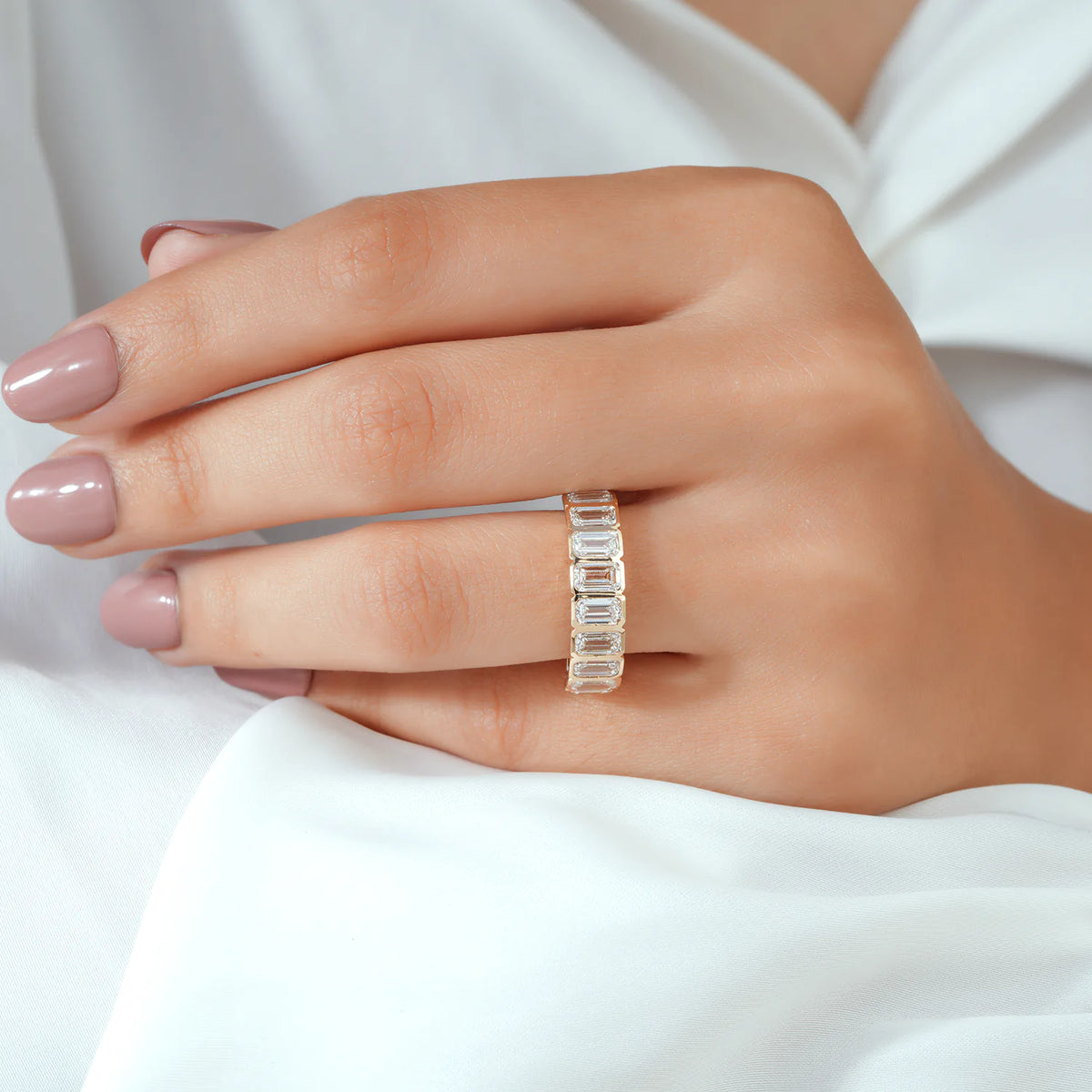 Bezel Set Emerald Cut Lab Grown Diamond Half Eternity Band in Gold or Platinum
