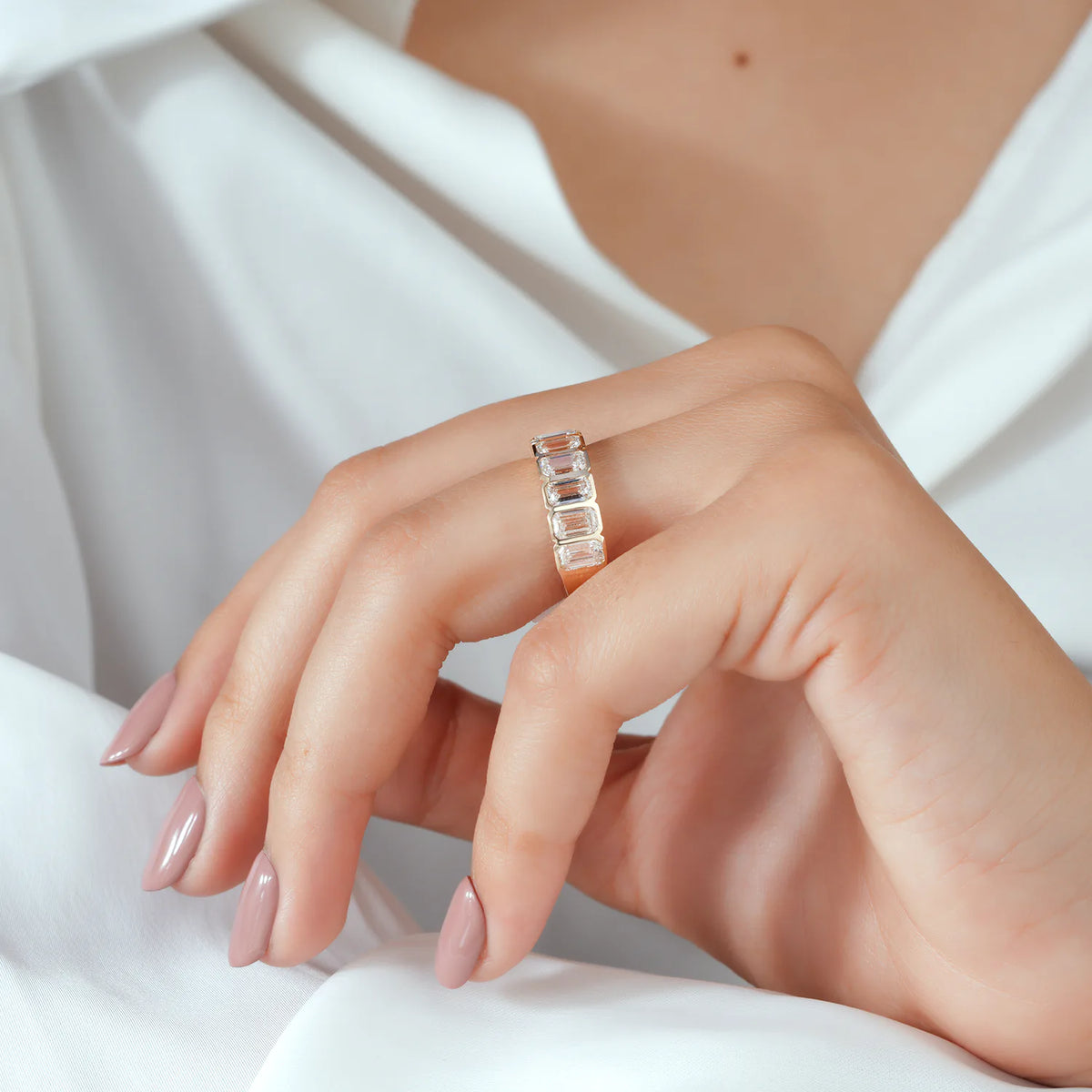 Bezel Set Emerald Cut Lab Grown Diamond Half Eternity Band in Gold or Platinum