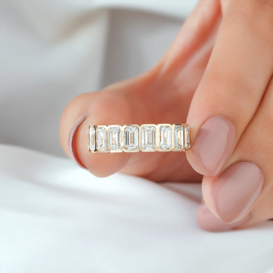 Bezel Set Emerald Cut Lab Grown Diamond Half Eternity Band in Gold or Platinum