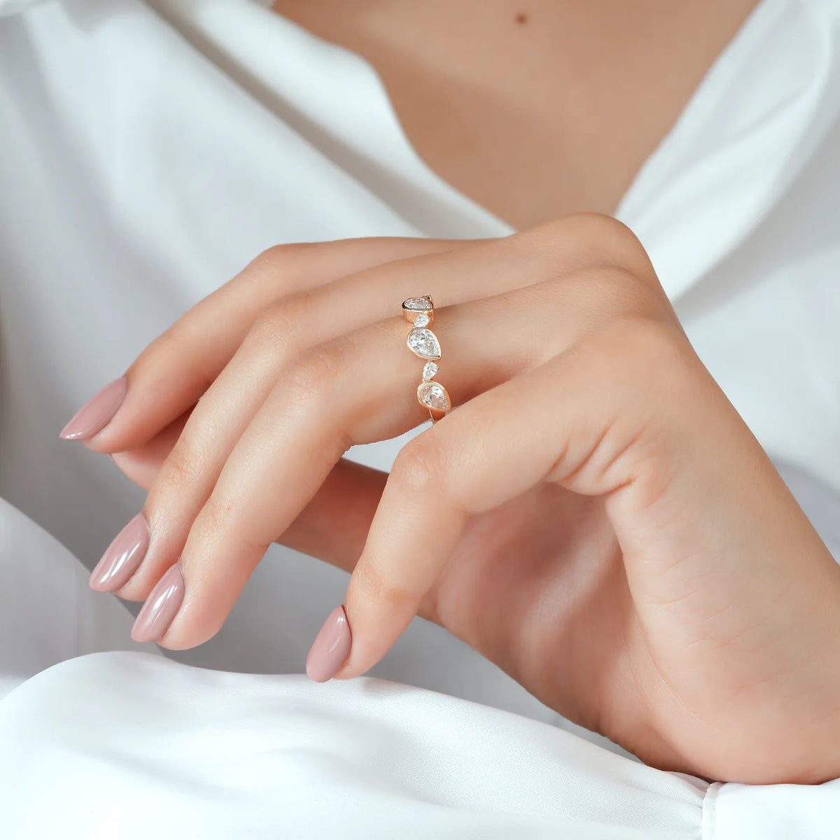Bezel Set Pear Diamond Half Eternity Band