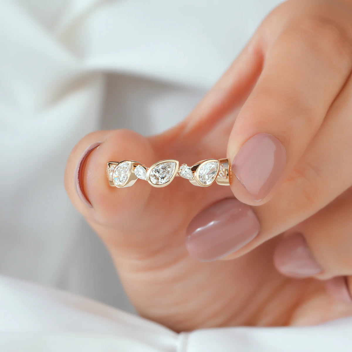 Bezel Set Pear Diamond Half Eternity Band