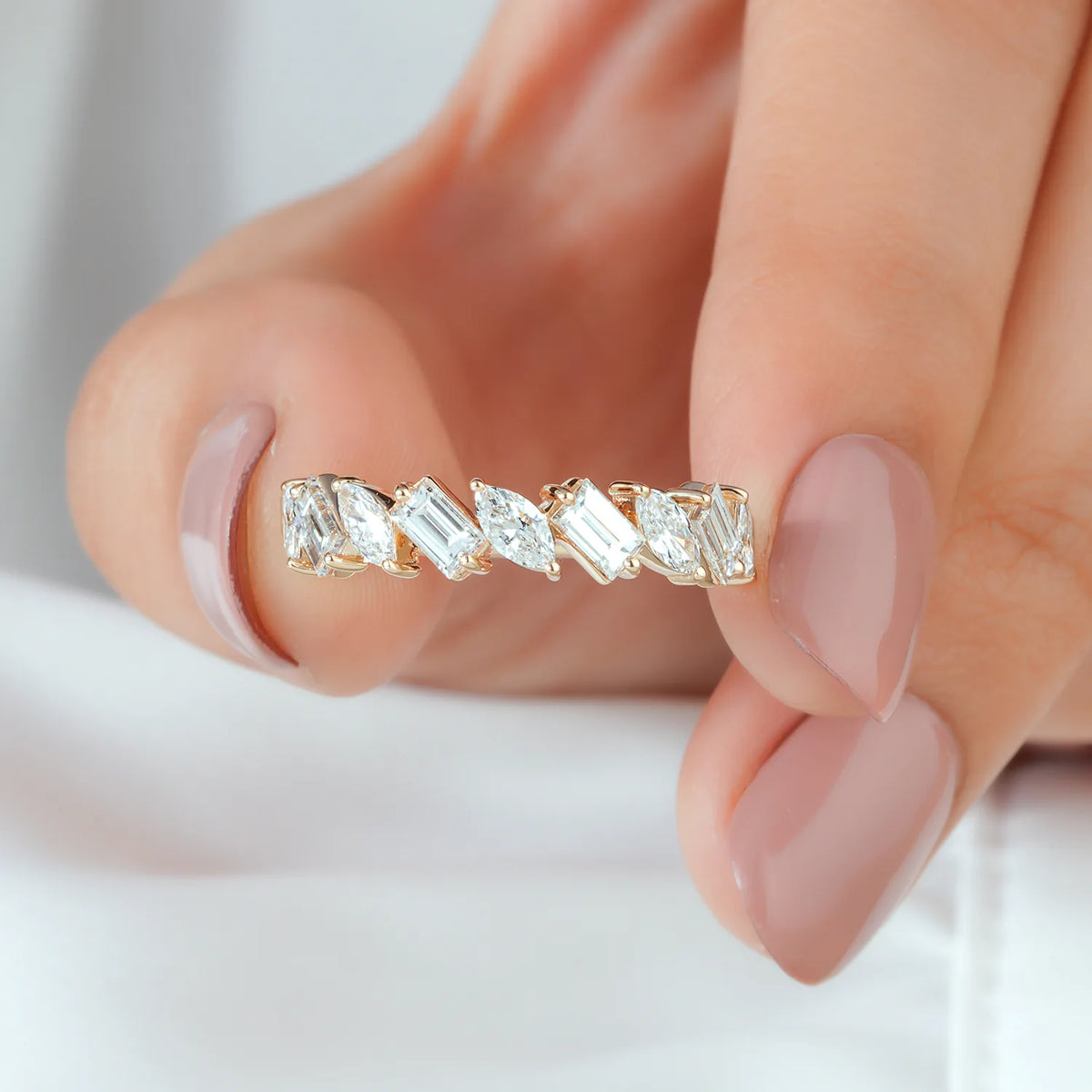 Alternating Emerald and Marquise Cut Lab Grown Diamond Band
